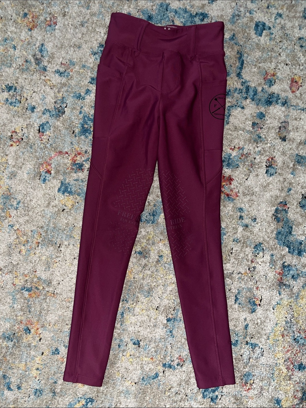 Girls' Burgundy Riding Leggings with Silicone Knee Grip and High Waist